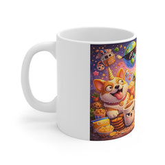 Whimsical Snack Party Mug — Cute Corgi, Marshmallow & Rainbow Snackscape Coffee Cup
