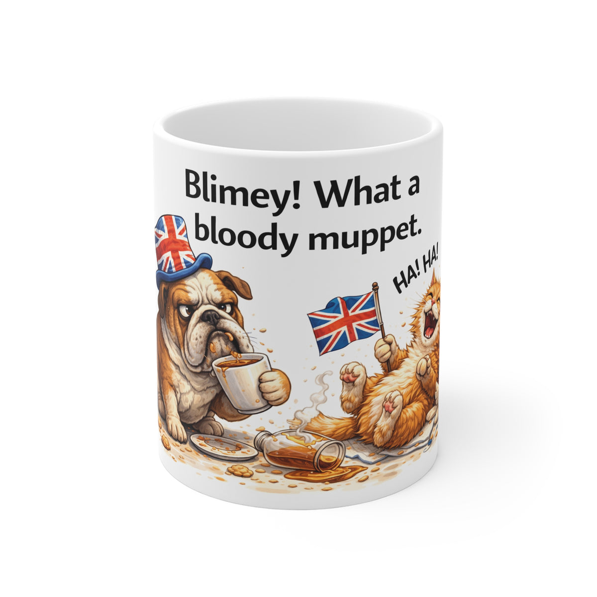 Funny British Bulldog Mug — "Blimey! What a bloody muppet." Tea Cup Gift
