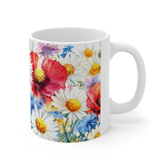 Floral Watercolor Mug — Daisies & Poppies 11oz Coffee Cup
