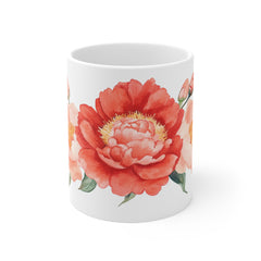 Floral Peony Mug — Watercolor Red & Peach Flower Coffee Cup