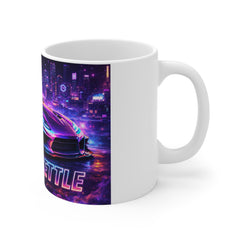 Never Settle Neon Race Car Mug — Retro Futuristic Sports Car Coffee Cup