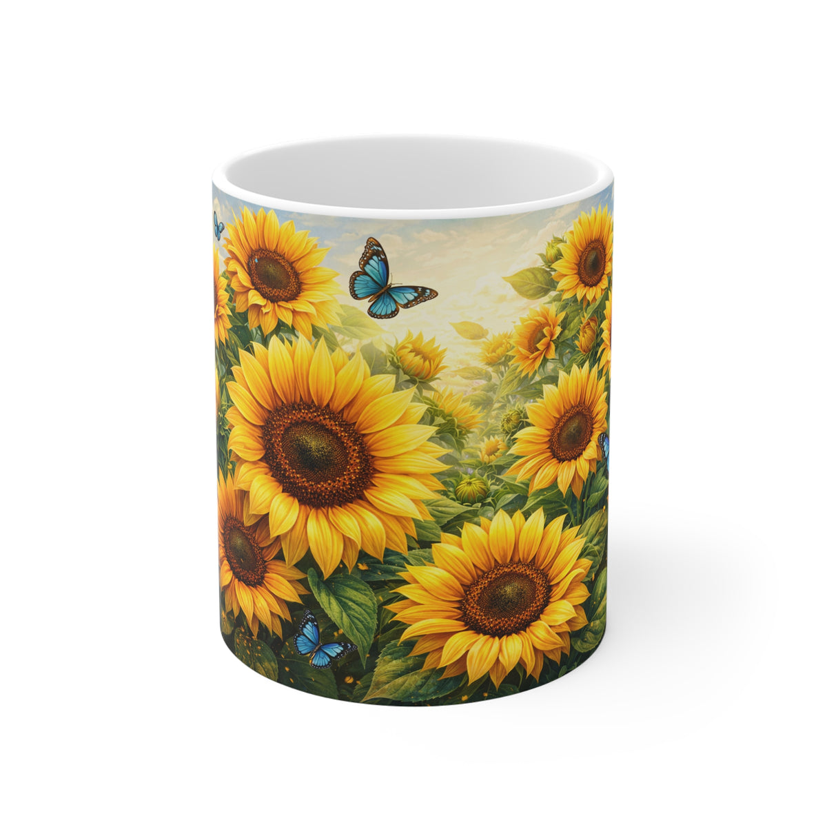 Sunflower Field Mug — Bright Sunflowers & Blue Butterflies Coffee Cup
