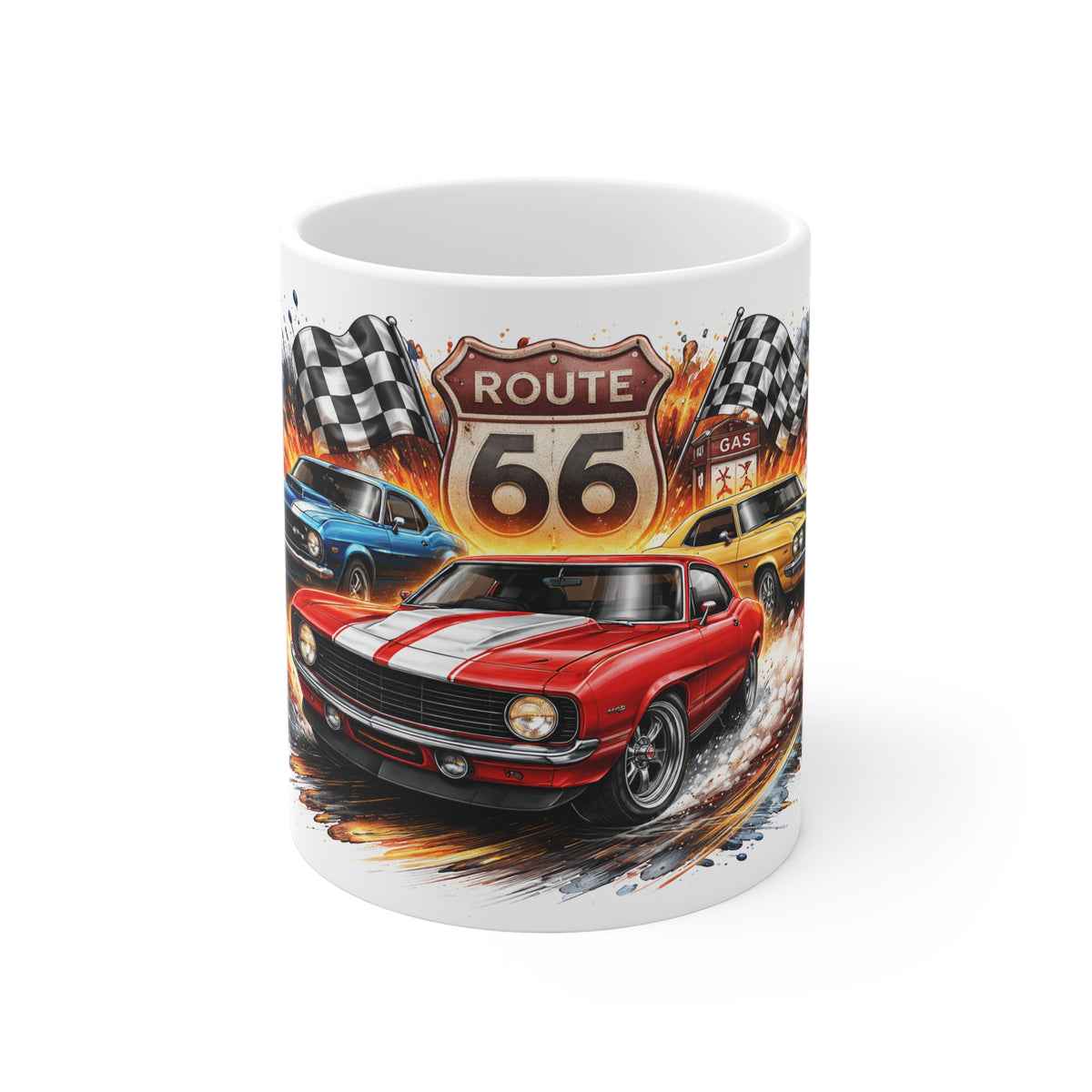Route 66 Classic Muscle Car Mug — Vintage Racing Coffee Cup