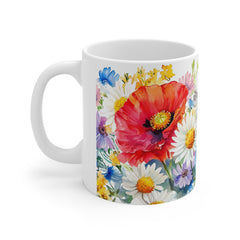 Floral Watercolor Mug — Daisies & Poppies 11oz Coffee Cup