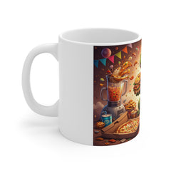 Party Dino Mug — Funny T-Rex Eating Pizza & Burger Coffee Cup