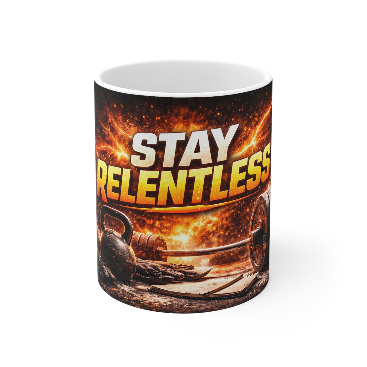 Stay Relentless Coffee Mug — Motivational Fitness Gym Kettlebell Mug