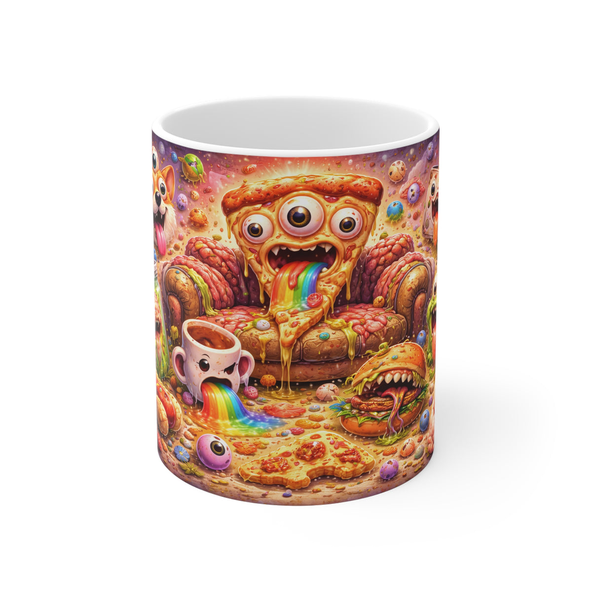 Psychedelic Pizza Monster Mug — Colorful Surreal Corgi & Rainbow-Vomit Coffee Cup