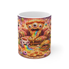 Psychedelic Pizza Monster Mug — Colorful Surreal Corgi & Rainbow-Vomit Coffee Cup