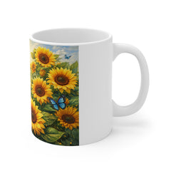 Sunflower Field Mug — Bright Sunflowers & Blue Butterflies Coffee Cup