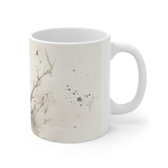 Bird Illustration Mug — Watercolor Chickadee on Birch Branch, Nature Coffee Cup