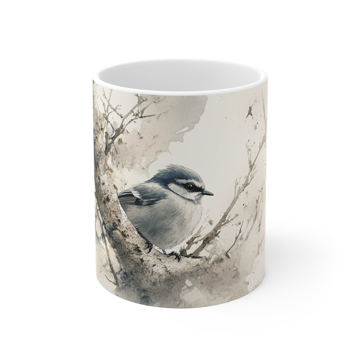 Bird Illustration Mug — Watercolor Chickadee on Birch Branch, Nature Coffee Cup