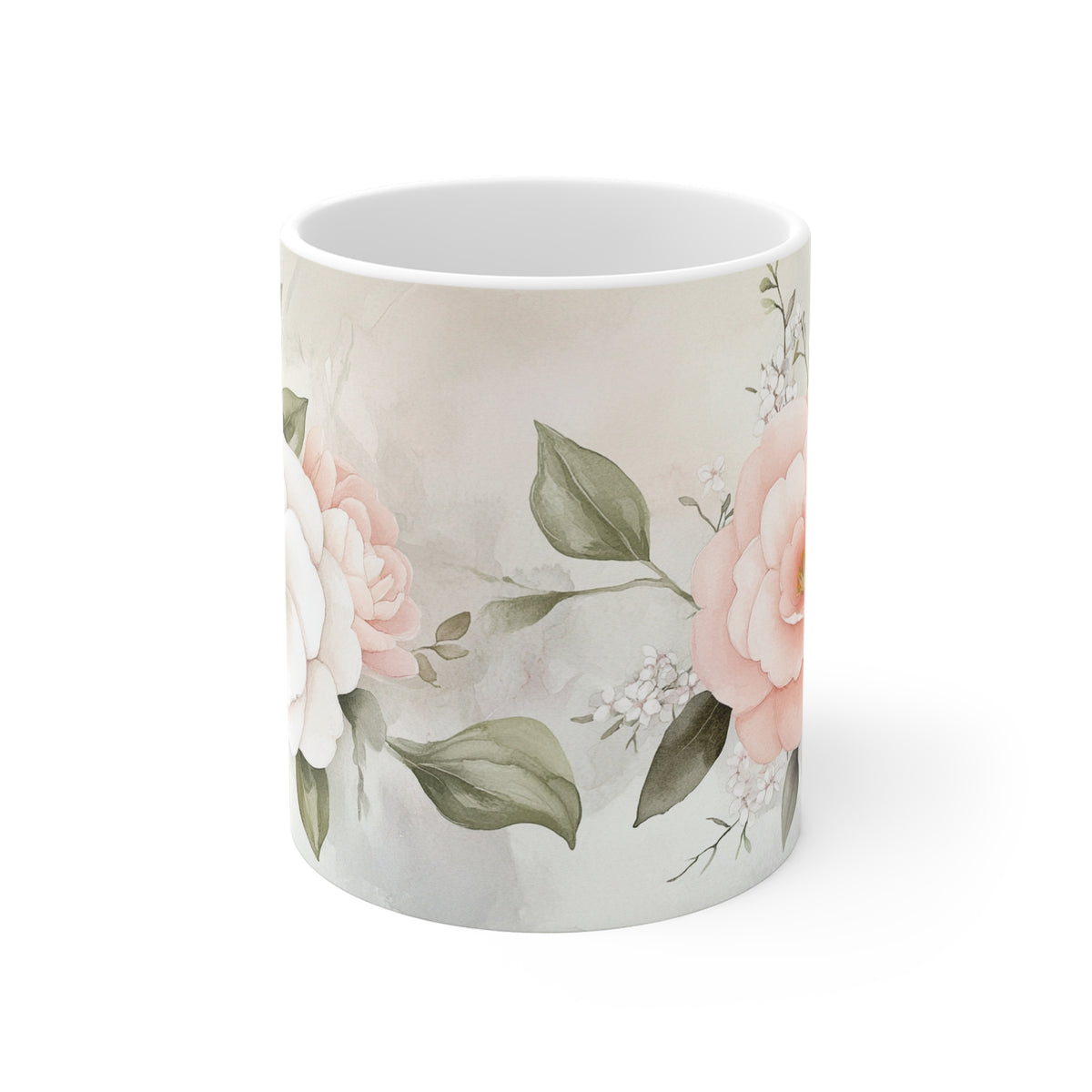 Floral Camellia Coffee Mug — Soft Pink Vintage Garden 11oz Ceramic