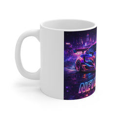 Never Settle Neon Race Car Mug — Retro Futuristic Sports Car Coffee Cup
