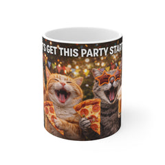 Let's Get This Party Started Mug — Funny Cats with Pizza Party Coffee Cup