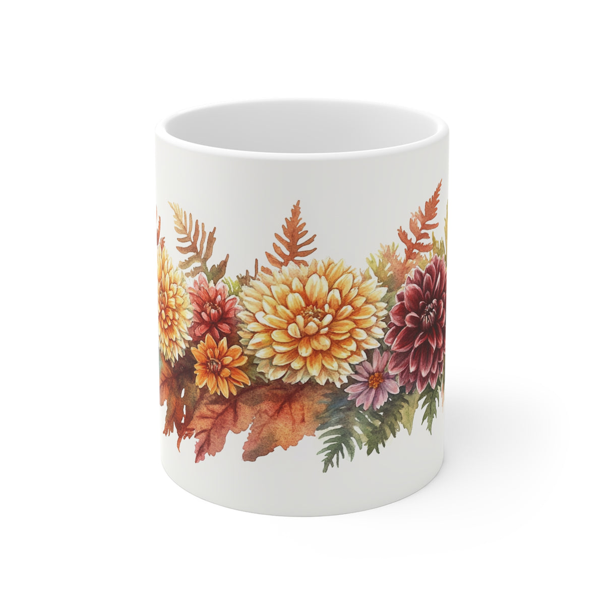 Autumn Chrysanthemum Floral Mug — Fall Leaves Coffee Cup