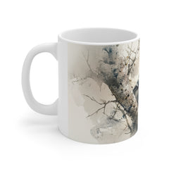 Bird Illustration Mug — Watercolor Chickadee on Birch Branch, Nature Coffee Cup