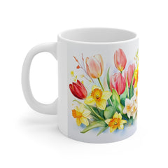 Floral Tulip & Daffodil Coffee Mug — Spring Watercolor Bouquet 11oz