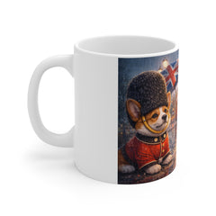 London Corgi Tea Mug — Cute Union Jack Rainy City Scene 11oz Ceramic