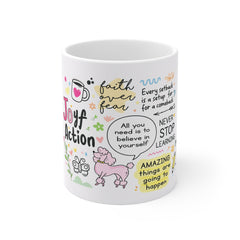 Inspirational Doodle Mug — "Joy + Action" Positive Quote Coffee Cup (11oz)