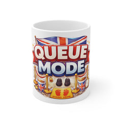 Queue Mode Mug — British Union Jack Funny Stand Here Coffee Cup