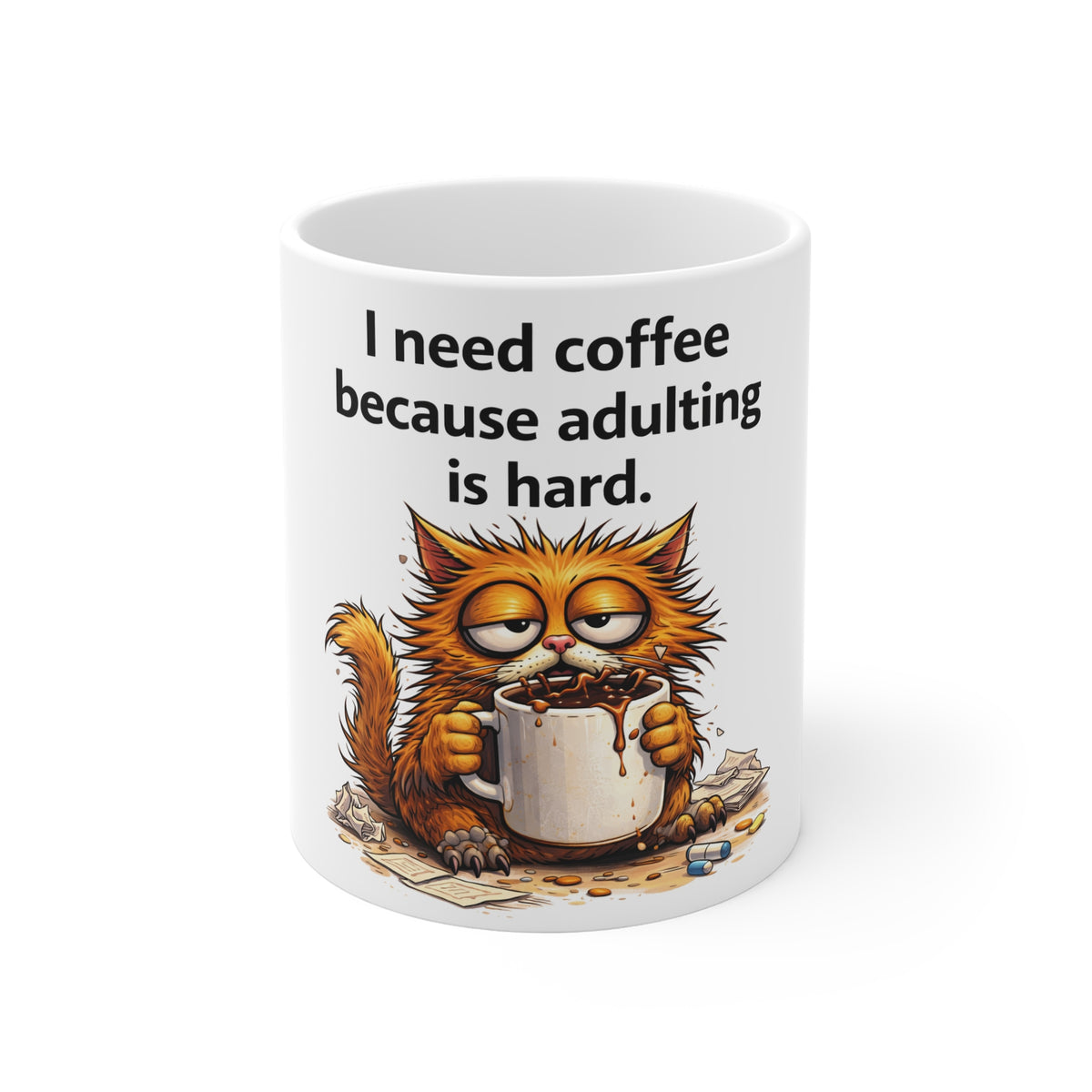 Adulting Is Hard Coffee Mug — Funny Cat 11oz White Ceramic Mug