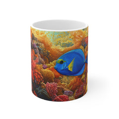 Underwater Reef Mug — Colorful Coral & Blue Tang Fish Coffee Cup