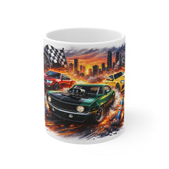 Racing Cars Coffee Mug – Muscle Cars, Checkered Flag & NOS Design (11oz White Mug)