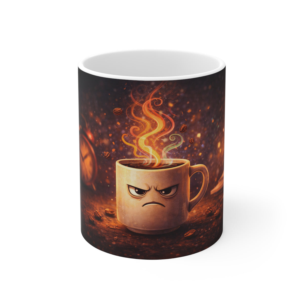Angry Coffee Mug — Grumpy Morning Ceramic 11oz Mug (Cute Scowl & Steaming Cup Design)
