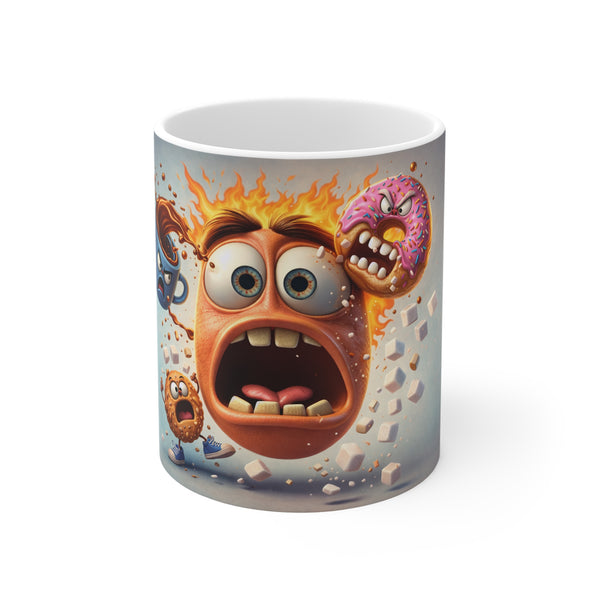 11oz Ceramic Mug — Angry Cartoon Food Face Design (Coffee, Donut, Doughnut, Energetic)