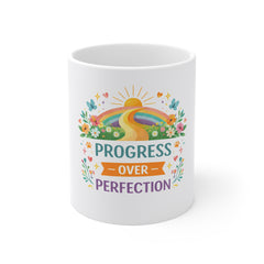 Progress Over Perfection Mug — Inspirational Coffee Cup with Rainbow Path Design
