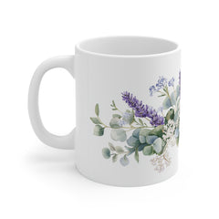 Lavender & Eucalyptus Floral Mug — 11oz White Ceramic Coffee Cup