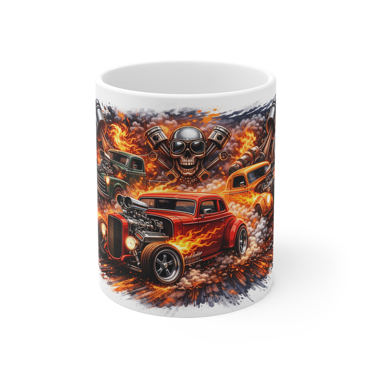 Hot Rod Flames Coffee Mug — Vintage Muscle Cars & Skull Engine Design