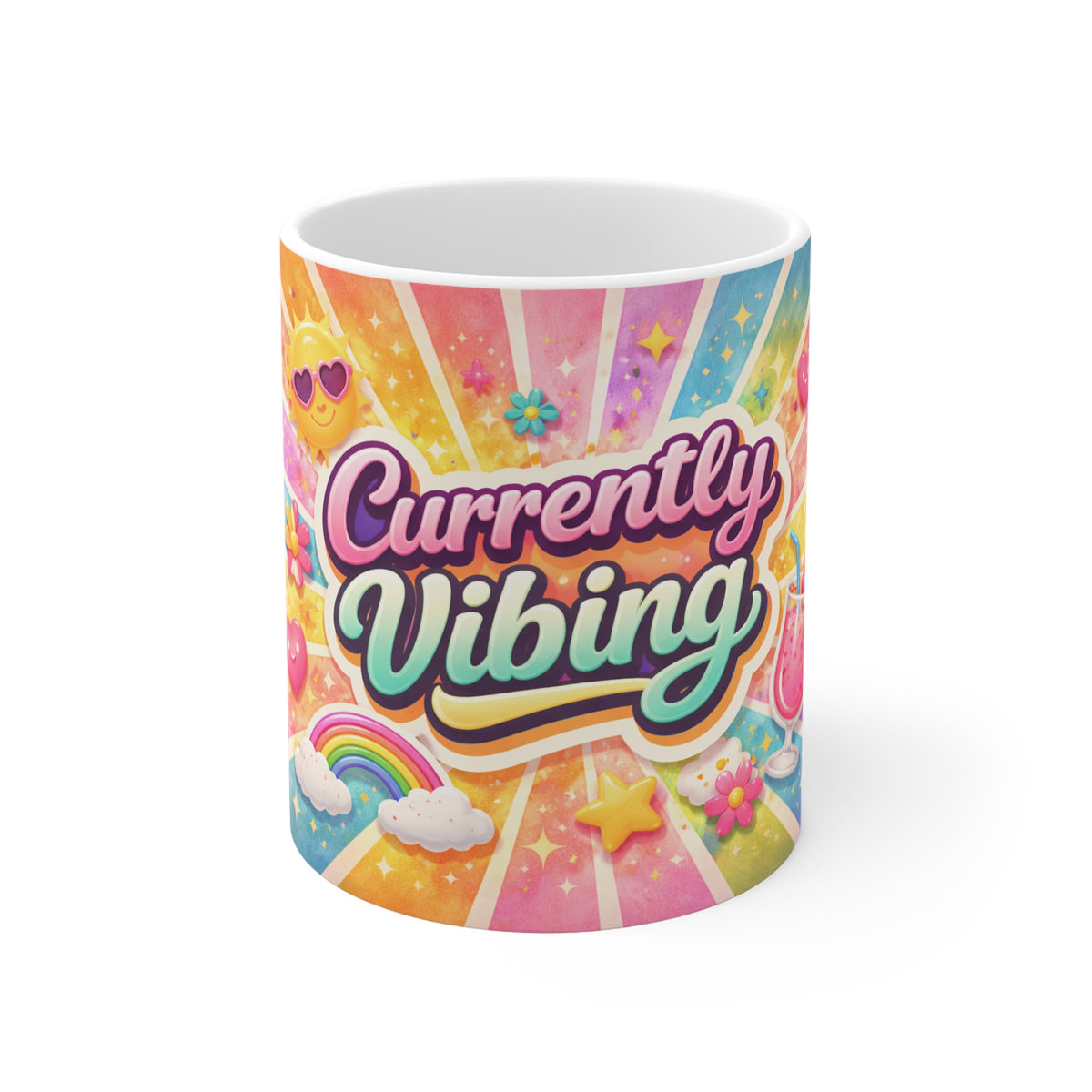 Currently Vibing Mug — Colorful Retro Rainbow Coffee Cup