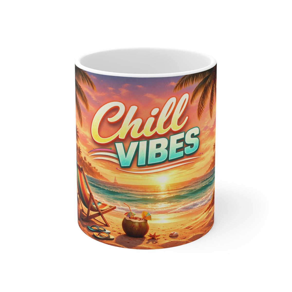 Chill Vibes Beach Sunset Mug – Tropical Relaxation Coffee Cup