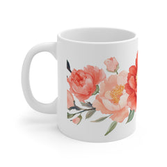 Floral Peony Mug — Watercolor Red & Peach Flower Coffee Cup