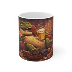 T-Rex Chill Coffee Mug — Funny Dino with Pizza & Beer 11oz Ceramic Mug