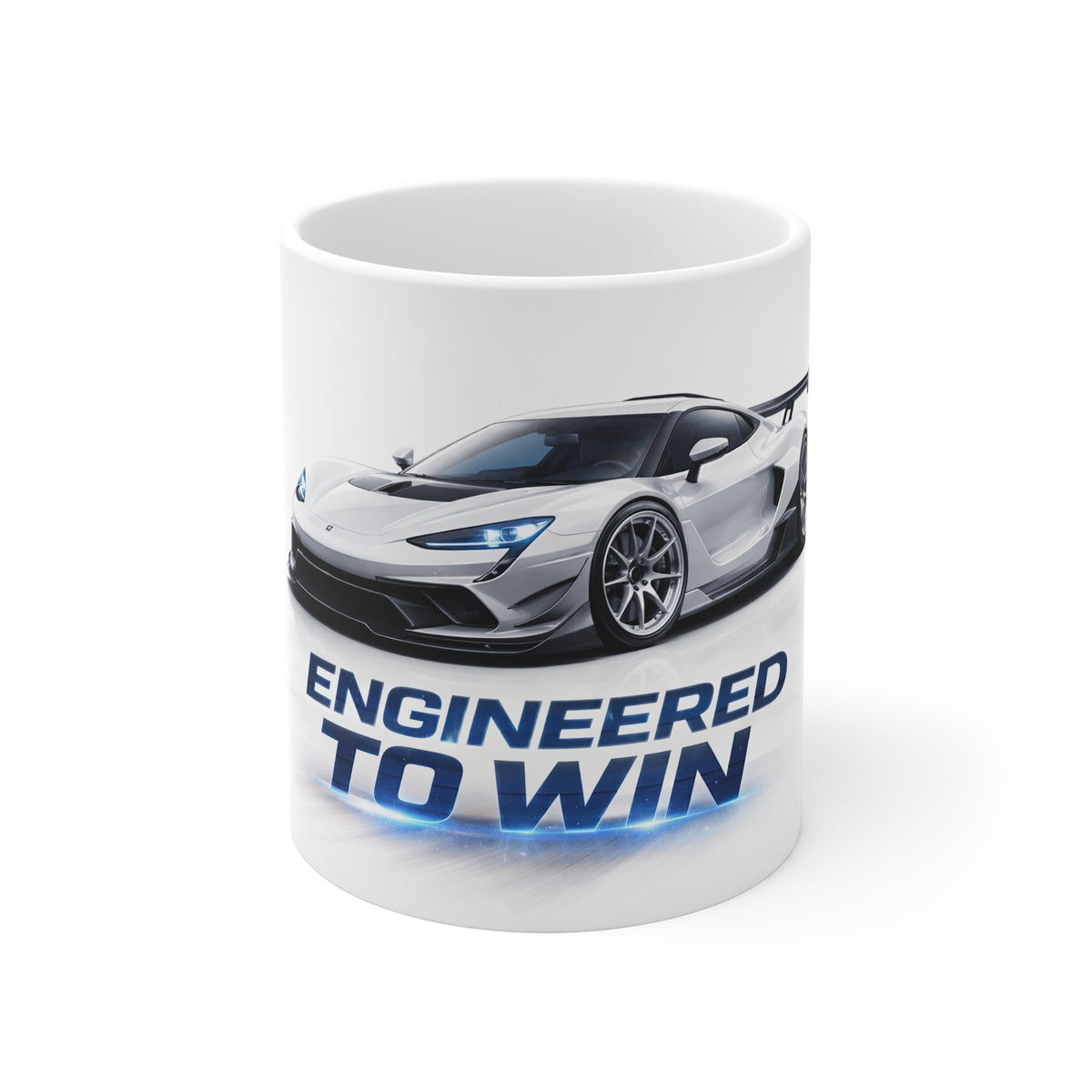 Engineered to Win Mug — Sports Car Coffee Cup for Racing Enthusiasts
