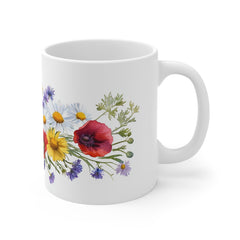Floral Bouquet Mug — Wildflower Poppies, Daisies & Cornflowers 11oz White Ceramic