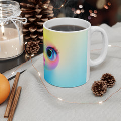 Cute Rainbow Chick Face Mug — Kawaii Colorful Bird Coffee Cup