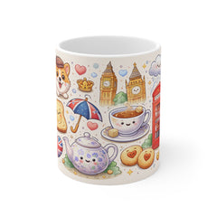 British Tea Time Mug — Cute London Icons (Big Ben, Tea, Corgi, Phone Booth)