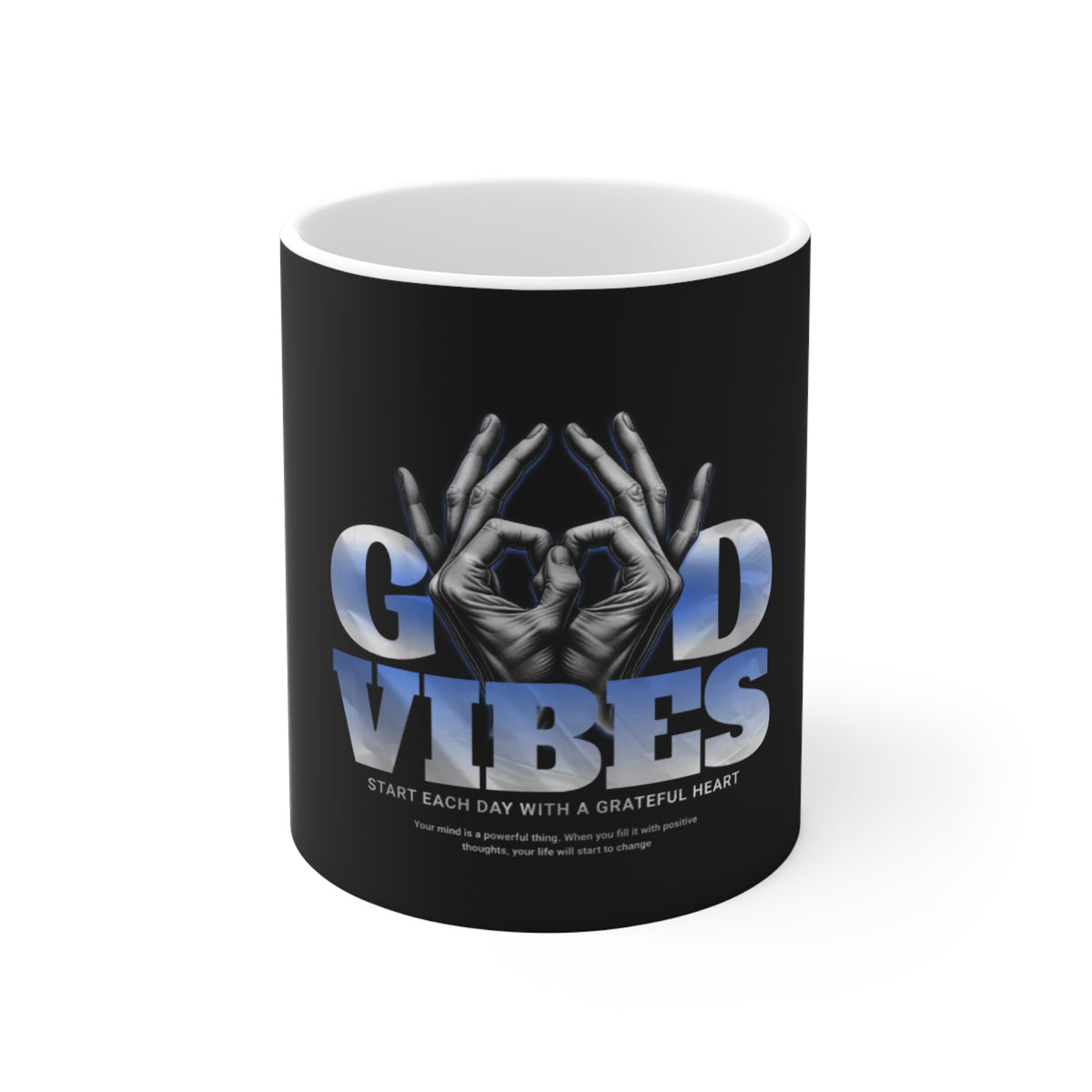 Good Vibes Mug — Positive Message Coffee Cup with Hand Gesture Design
