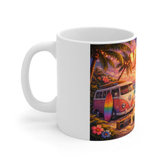 Vibes Beach Sunset Mug — Retro VW Camper Surfboard Coffee Cup