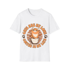 Cat & Coffee T-Shirt — "Cats Are My Love, Coffee Is My Life" Cute Cat in Coffee Mug Tee