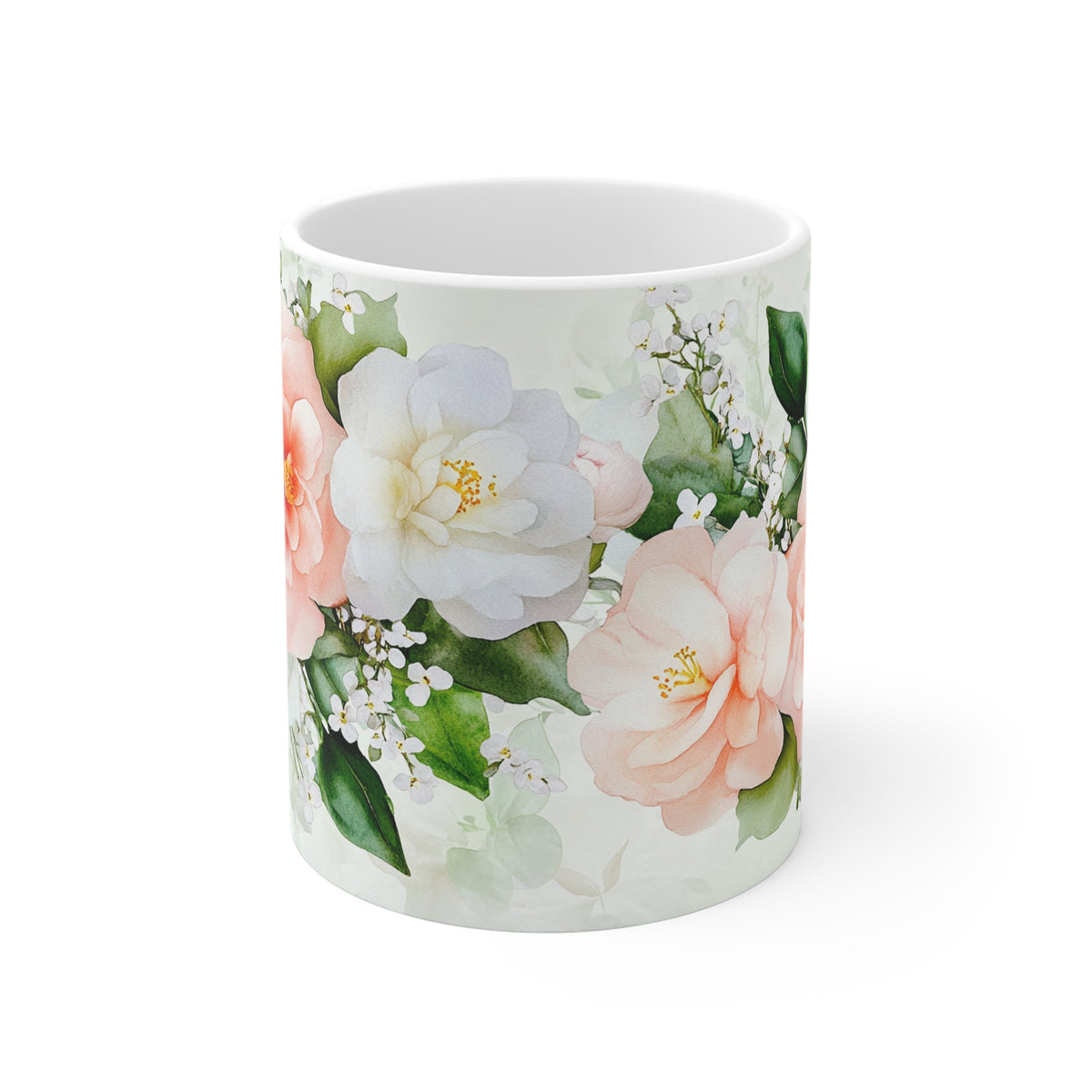 Floral Camellia Bouquet Mug — Pink & White Watercolor Coffee Cup