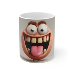 Funny Tongue-Out Smiling Face Mug — Whimsical Cartoon Coffee Cup