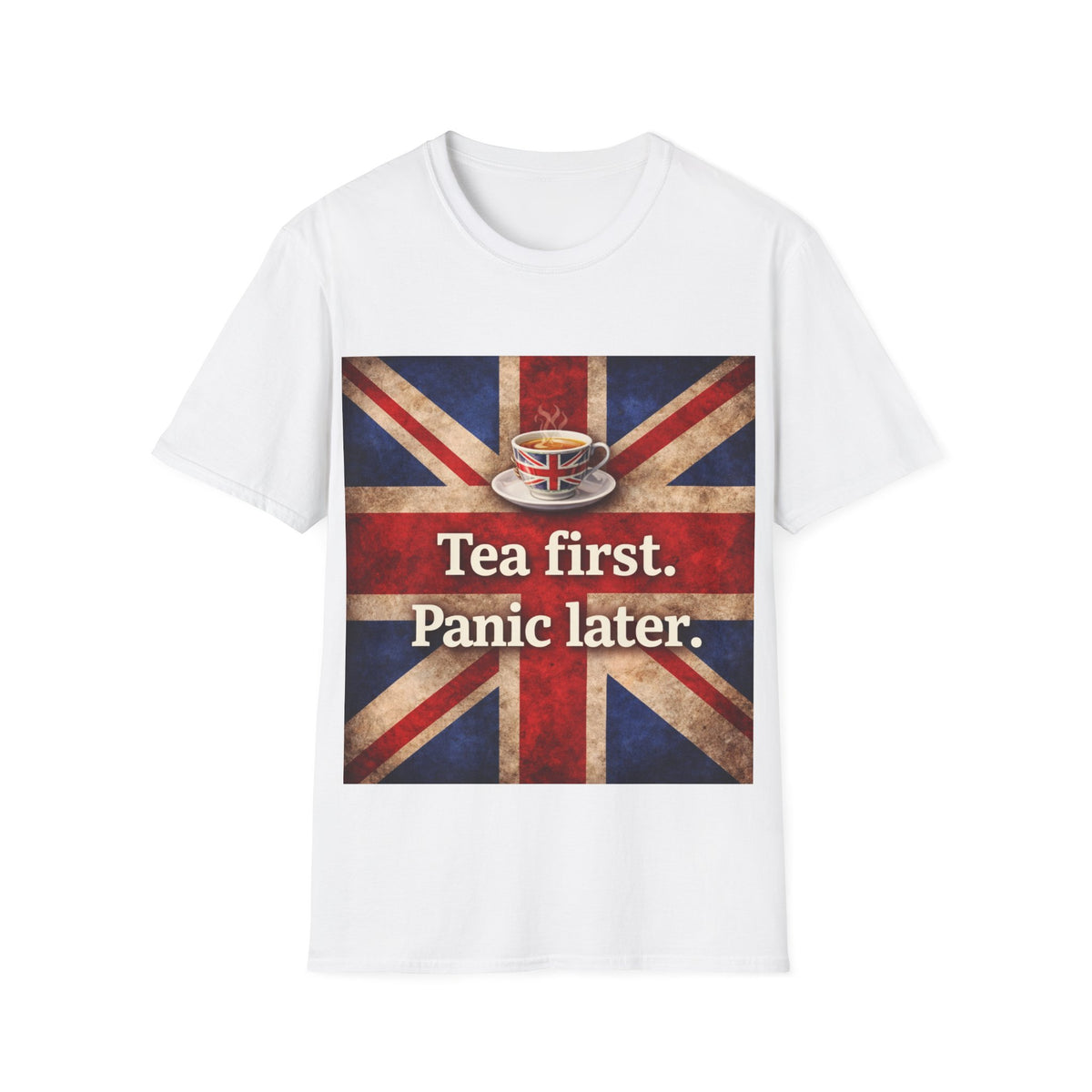 Tea First. Panic Later. T‑Shirt — British Flag Vintage Tea Graphic