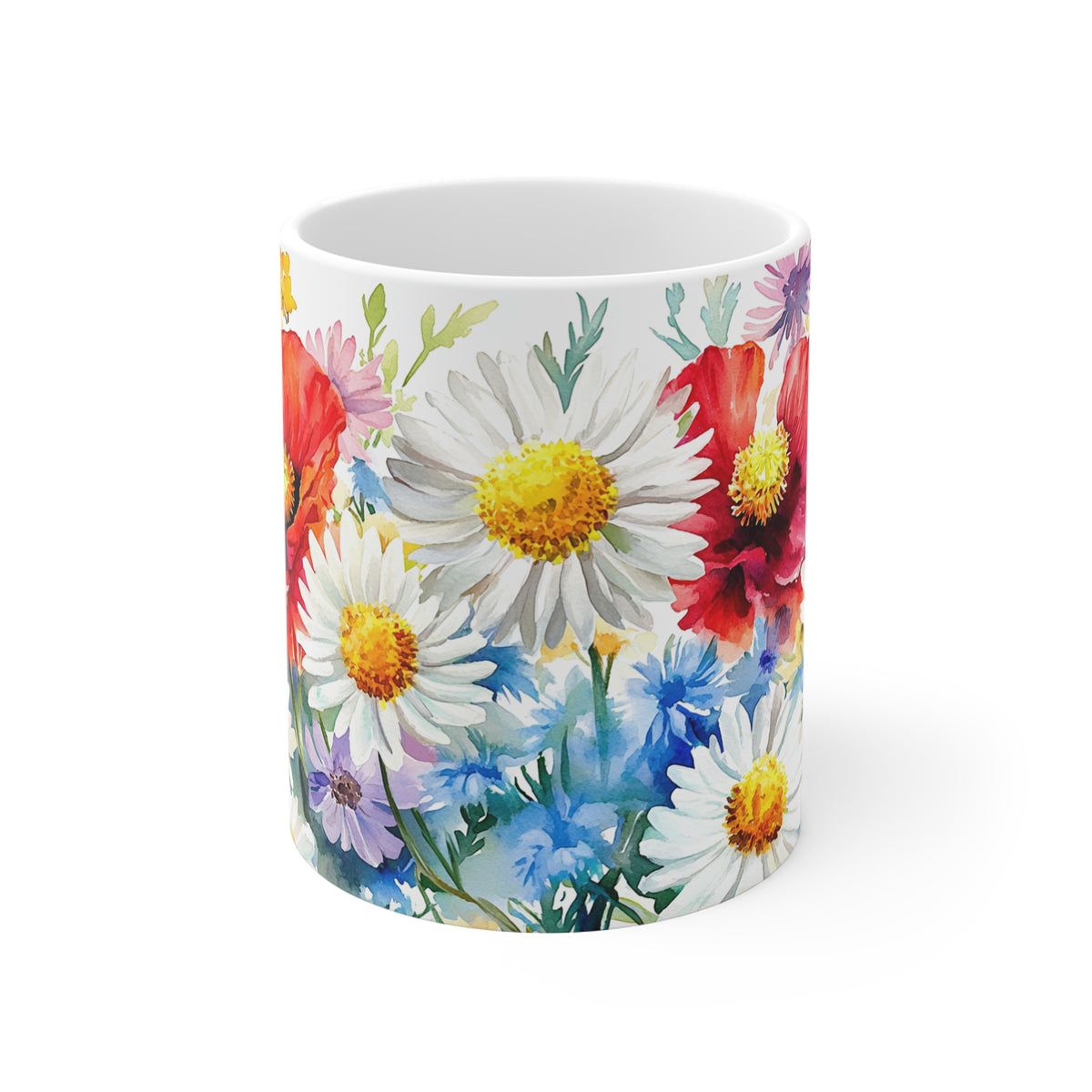 Floral Watercolor Mug — Daisies & Poppies 11oz Coffee Cup