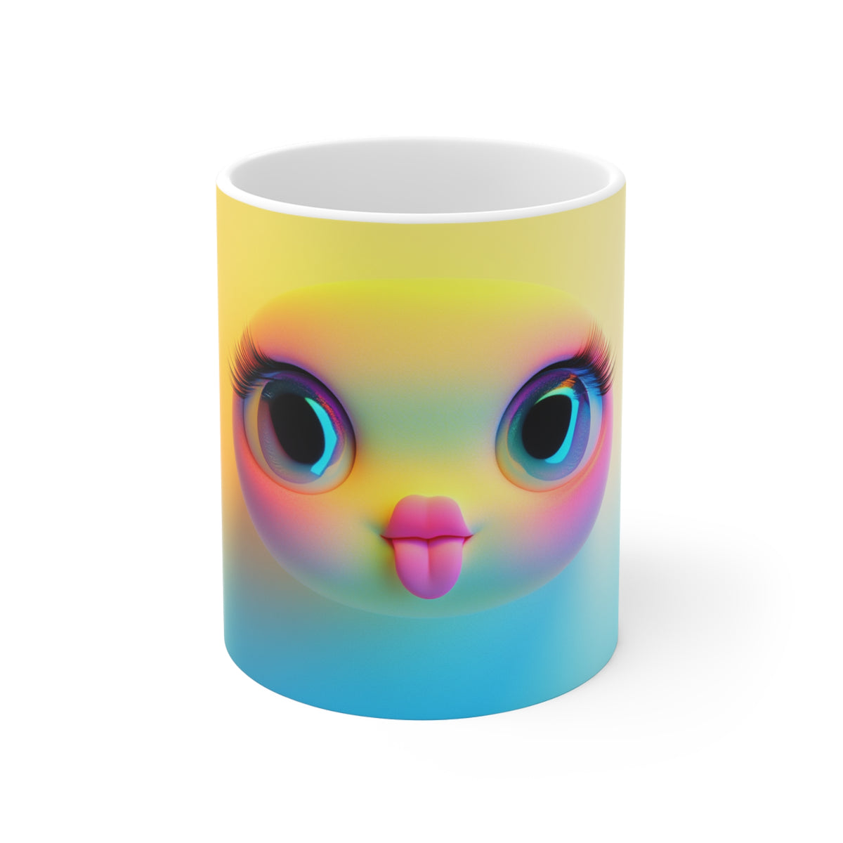 Cute Rainbow Chick Face Mug — Kawaii Colorful Bird Coffee Cup
