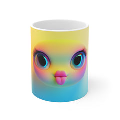 Cute Rainbow Chick Face Mug — Kawaii Colorful Bird Coffee Cup