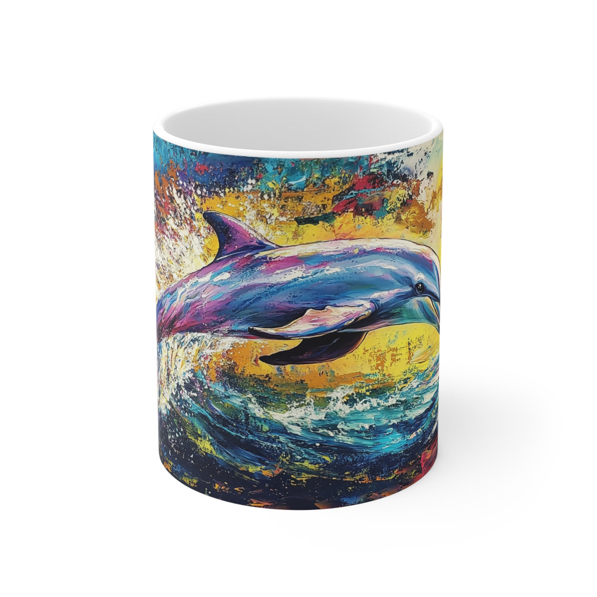 Dolphin Art Mug – Colorful Ocean Splash 11oz Coffee Cup